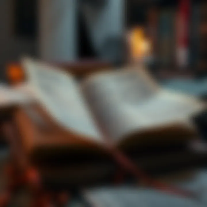 A collection of technical books on mathematics and the occult, opened with pages showing complex equations and mystical symbols.