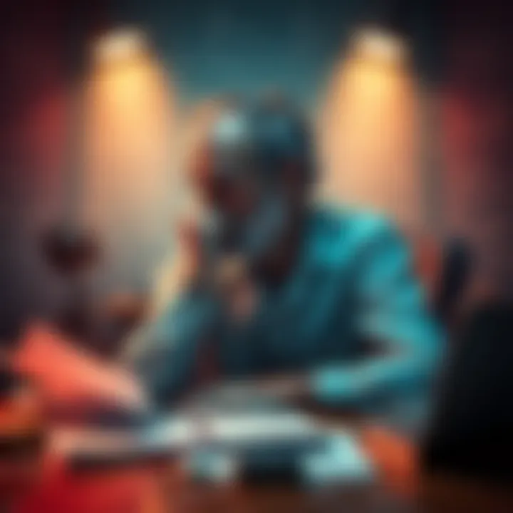 Mathematician lost in thought A mathematician sitting at a desk, surrounded by complex equations and papers, looking contemplative and distressed.