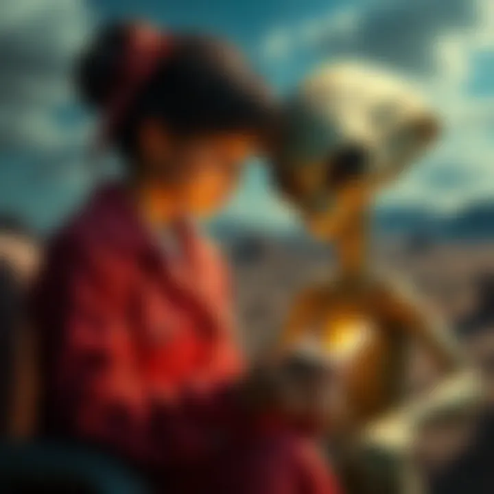 Matilda MacElroy interacting with the surviving alien from the Roswell crash, showcasing their unique communication.