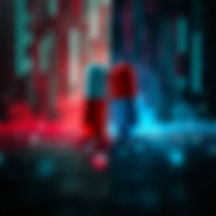 The Choice Between Ignorance and Truth A visual representation of the red and blue pills from The Matrix, symbolizing choice and reality, with contrasting backgrounds of bliss and harshness.