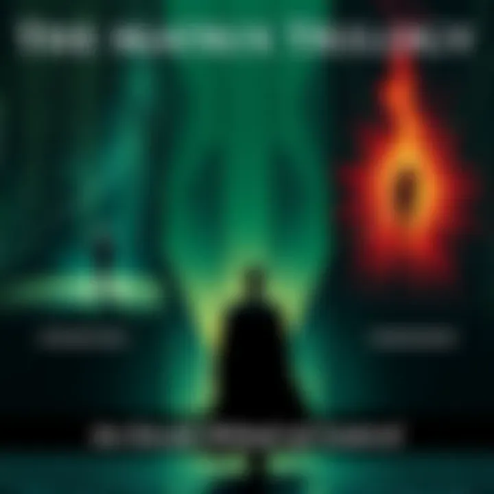 A depiction of three stages from The Matrix Trilogy: awakening symbolized by a figure in a digital world, inversion represented by a character in a contrasting reality, and submission shown by a perso...