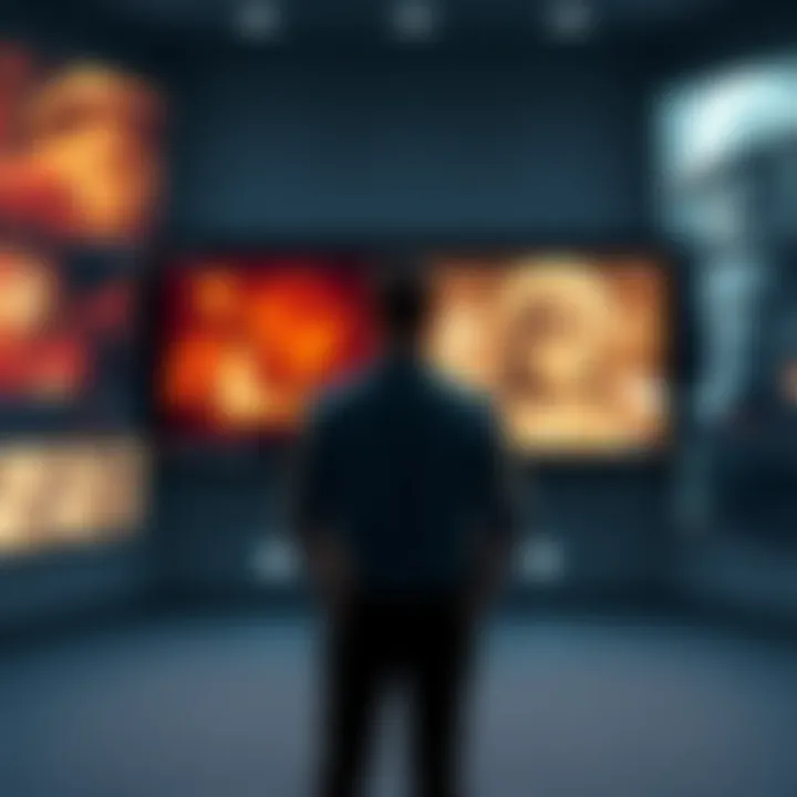 Matthew Brown stands in front of a digital screen displaying historical and occult images, looking thoughtful