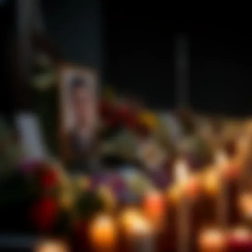 A somber scene showing a memorial candlelight vigil for Matthew James Sullivan, surrounded by flowers and heartfelt messages, reflecting the tragedy of his untimely death before testimony.