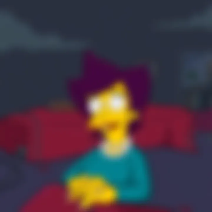 Maude Flanders character from The Simpsons, symbolizing her tragic death with a somber background.