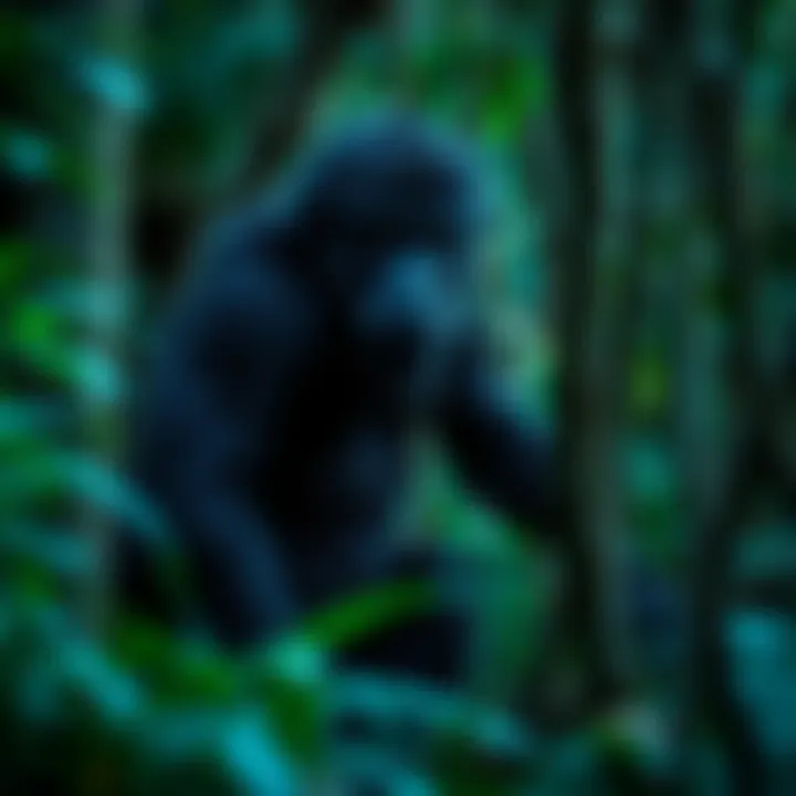 A hairy, upright hominoid resembling a man, roaming through a dense Malaysian jungle with black fur, surrounded by trees and foliage.