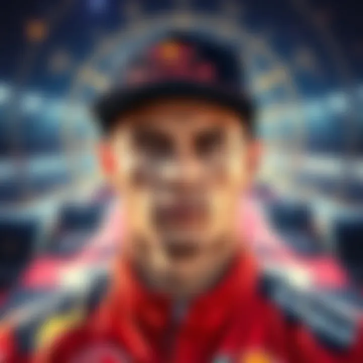 Max Verstappen with a race car and astrological symbols in the background, symbolizing his birth chart insights.