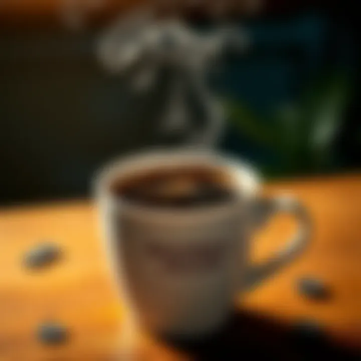A steaming cup of Maxwell House coffee on a wooden table, showcasing its rich color and enticing aroma.