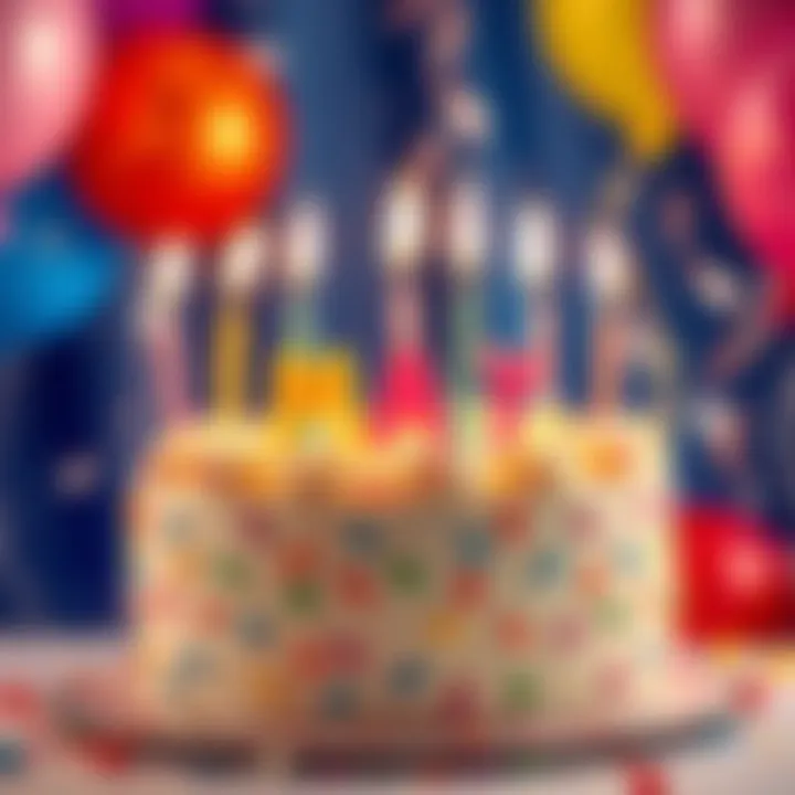 May birthday celebration A colorful birthday cake decorated with candles and balloons, celebrating May birthdays