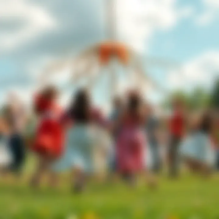 People dancing around a maypole with flowers in their hair during a festive celebration.