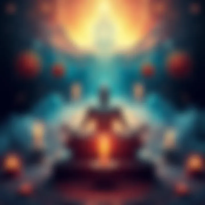 A serene figure meditating, surrounded by symbols representing reality and perception, highlighting the theme of maya versus Brahman.