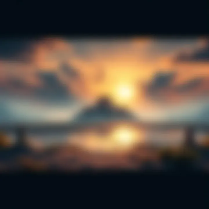 A serene landscape blending elements of Maya and Brahman symbols, reflecting concepts of reality and existence in philosophy.