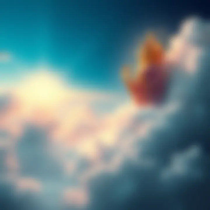 Maya's journey to Heaven A serene representation of Maya, Buddha's mother, ascending to Tusita Heaven, surrounded by a peaceful celestial landscape with soft clouds and light