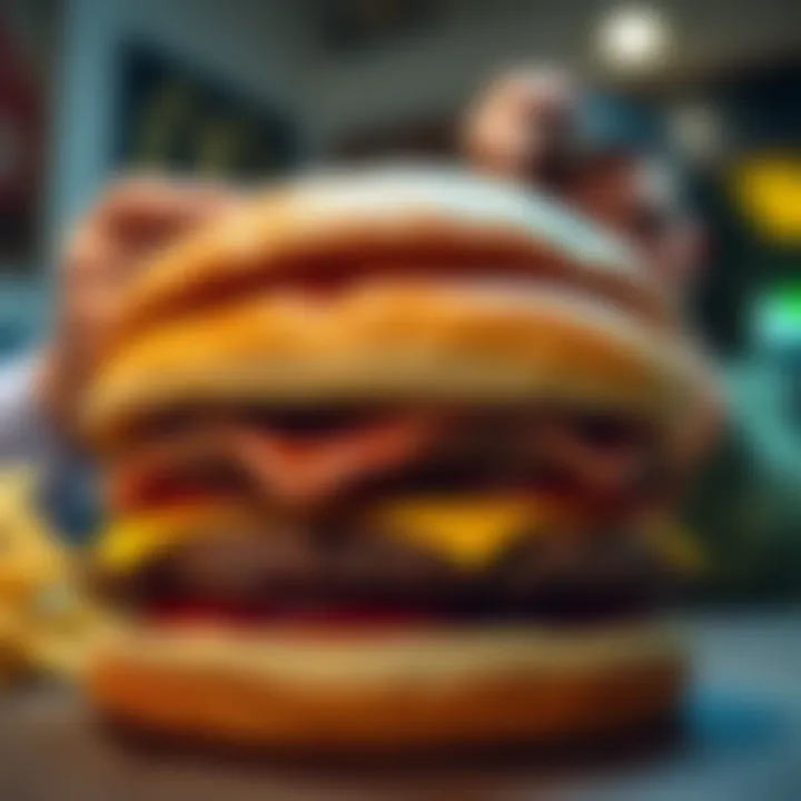 McDonald's burger with a worried person in the background A close-up of a McDonald's burger with a concerned person looking at it, symbolizing fears about ingredients