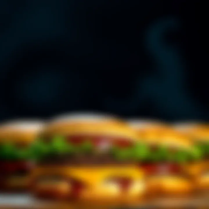 A close-up view of McDonald's burgers with a dark shadow in the background symbolizing troubling allegations of human meat use, particularly from children.