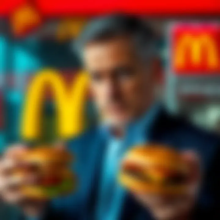 McDonald's CEO showing discomfort while holding a burger, with a concerned expression on his face.