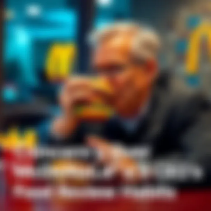 McDonald's CEO sitting at a table, holding a Big Mac and looking at the camera while taking a bite of the burger, with edited swallowing