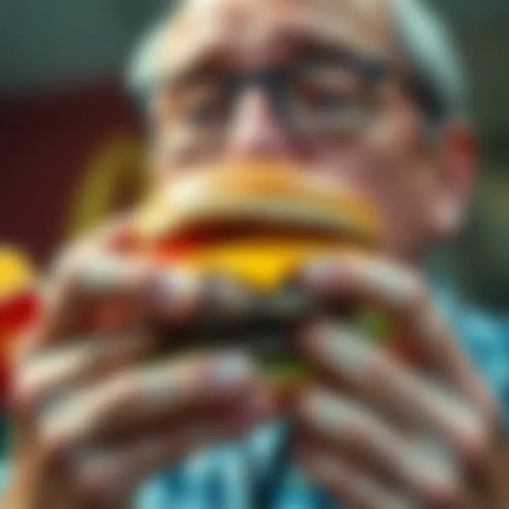 Close-up of McDonald's CEO taking small bites of a juicy burger, showcasing a marketing strategy for visual appeal.