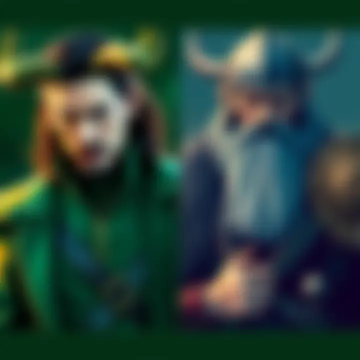 A side-by-side illustration of MCU Loki with his green costume and Norse Loki depicted as a traditional Viking god, showcasing similarities and differences in design.