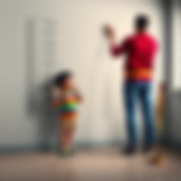 A child standing against a wall with a height chart as an adult measures their height with a tape measure.