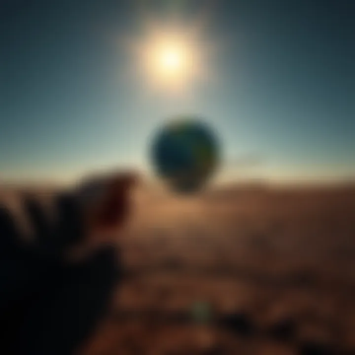 A person using a stick to measure the length of a shadow on the ground, demonstrating an ancient technique for calculating the Earth's size.