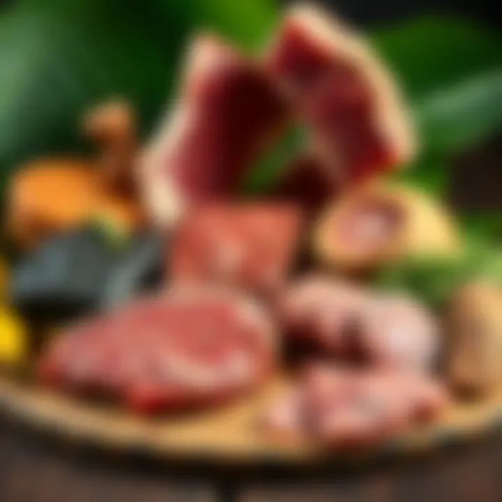 A close-up of various meats on a wooden table with a green leaf backdrop, symbolizing the connection between meat and the presence of DMT in mammals.