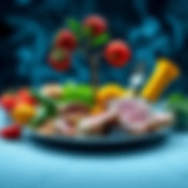 A plate featuring various meats alongside fruits and vegetables, symbolizing dietary choices and ethical implications.