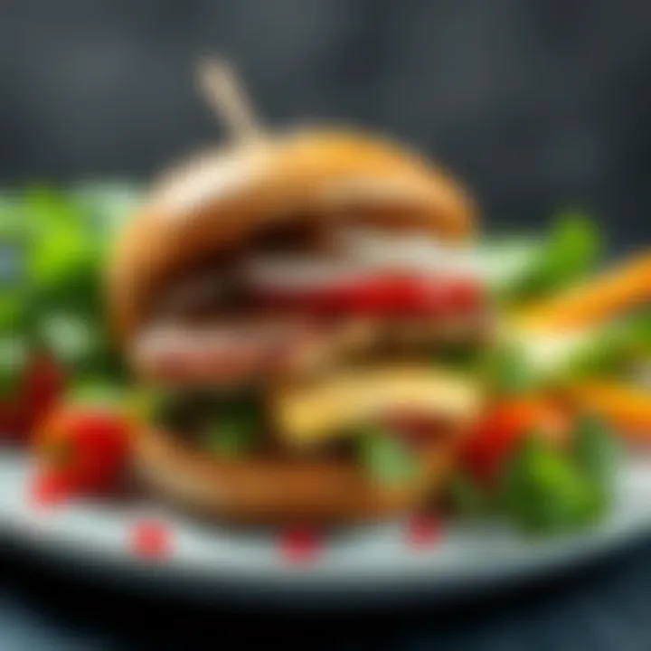A close-up of a meat substitute burger on a plate with fresh vegetables, showcasing the rising trend of affordable food options amid economic challenges.