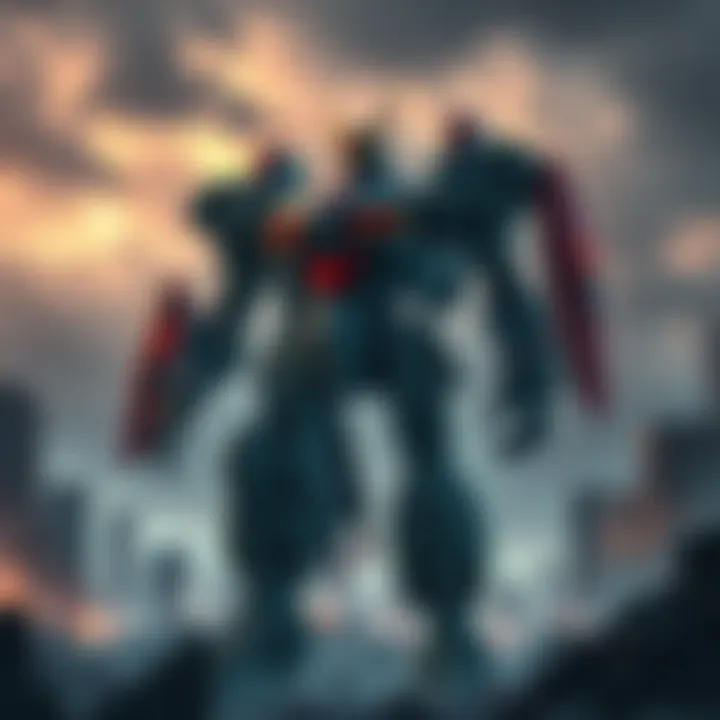 A large mecha robot stands amidst the ruins of a city, symbolizing struggle and conflict, with dark clouds looming above.