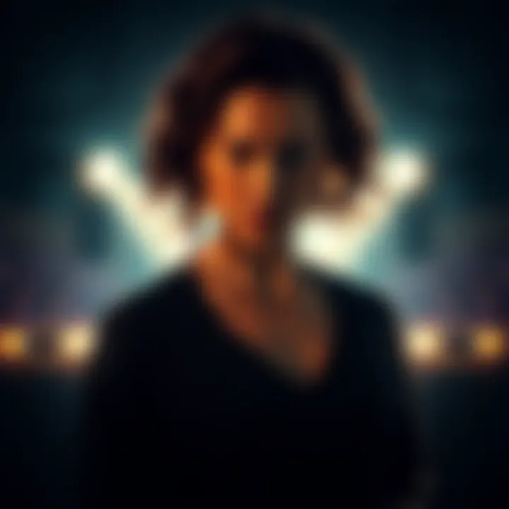 Medea stands with a fierce expression, surrounded by shadows, portraying a moment of intense emotion.