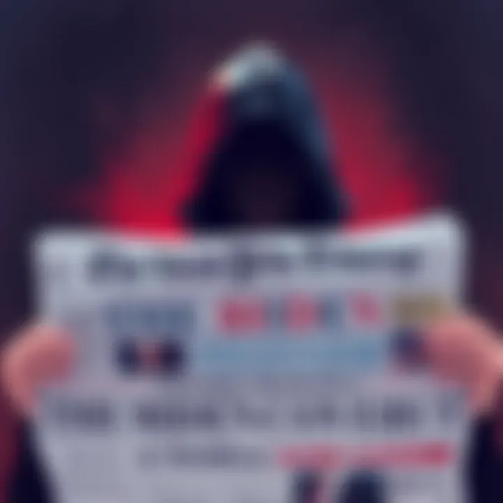 Illustration showing a shadowy figure representing media obscuring a public figure, with a newspaper headline about political scandals, symbolizing secrecy and manipulation.