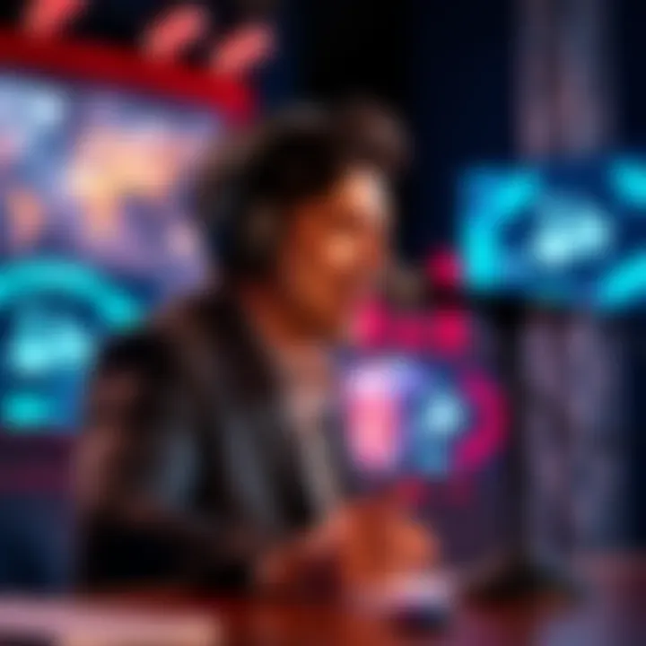 Media Influencer on Air A media personality speaking passionately into a microphone on a TV show set, showcasing their unexpected presence in the media space.
