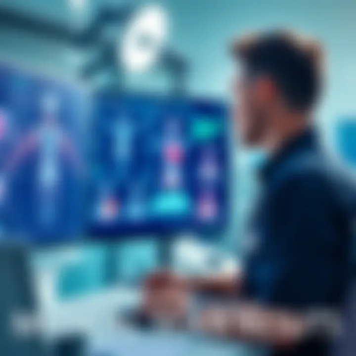 A medical professional reviewing a patient's scan results on a computer screen with visible images of body scans.