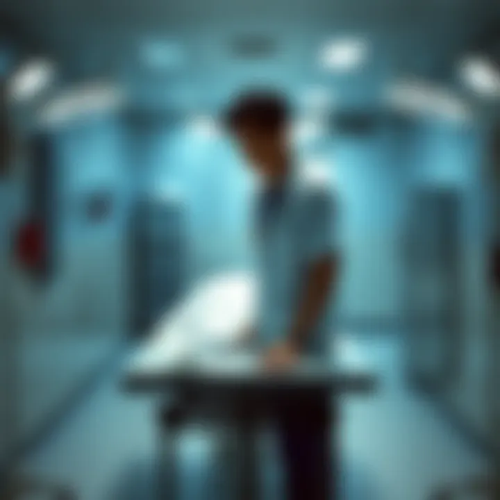 A first-year medical student stands in a morgue, looking contemplatively at a table with a covered body, symbolizing respect for body donors.
