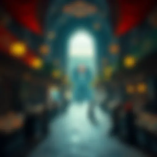 A vibrant medieval bazaar filled with colorful stalls, celestial bodies shining above, and mythical characters interacting with dreamers.