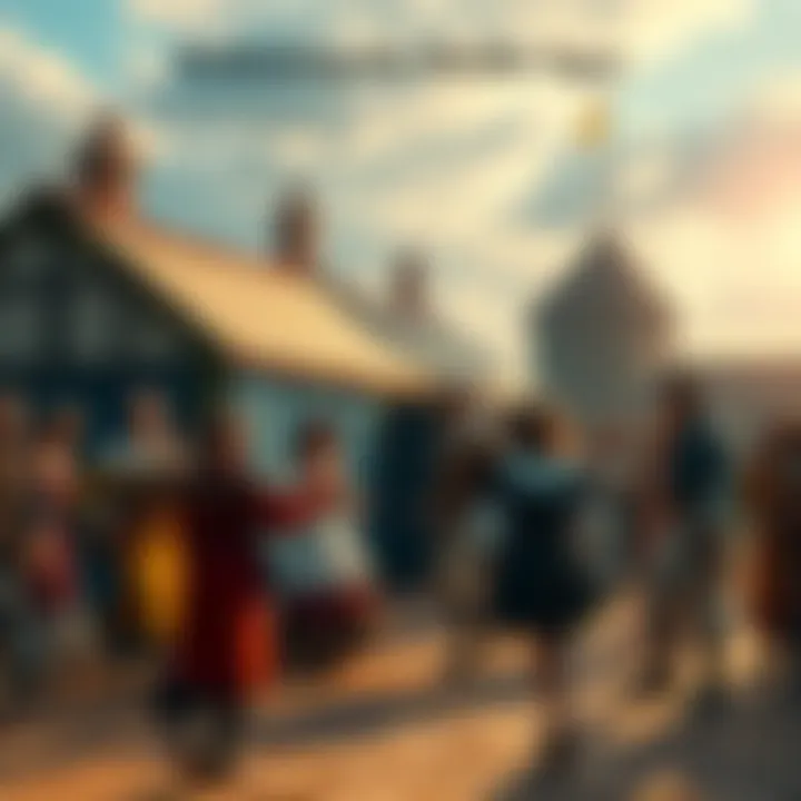 A lively scene depicting people in medieval attire gathered in a village square, enjoying music and dancing near a decorated tent.