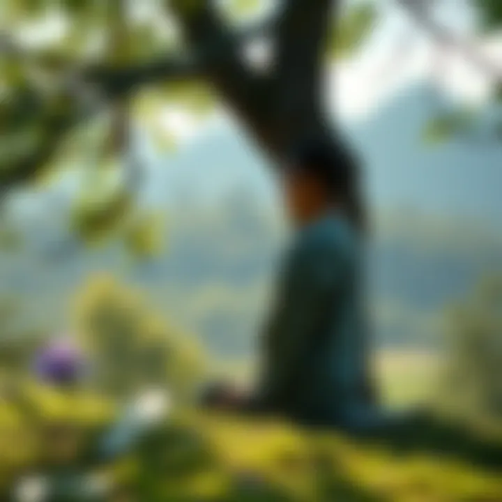 A person meditating under a tree, surrounded by peaceful nature, reflecting on desires and suffering.