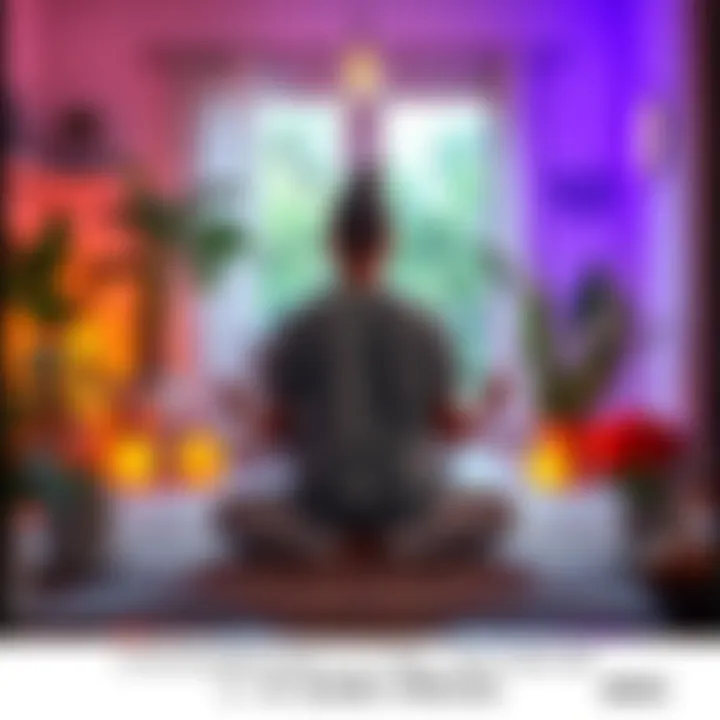 Individual practicing meditation in a serene home setting, surrounded by plants and calming decor.