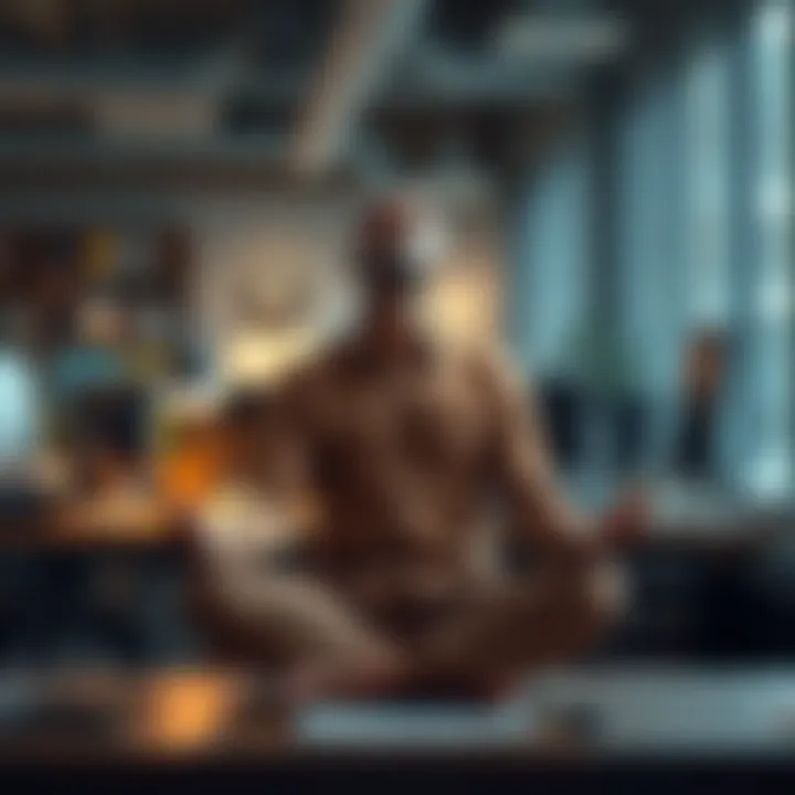 A person sitting cross-legged at a desk, eyes closed, practicing meditation during a busy workday, looking calm and relaxed