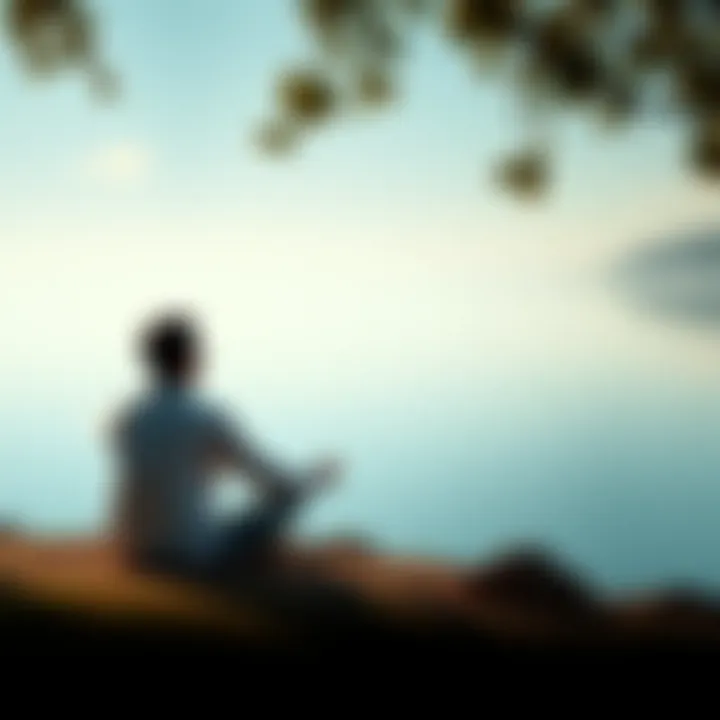 A person sitting cross-legged by a calm lake, reflecting on spirituality and personal growth, surrounded by nature