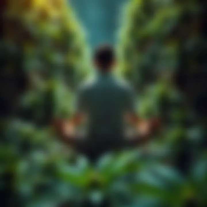Person meditating with cannabis leaves Individual sitting cross-legged in meditation surrounded by cannabis plants