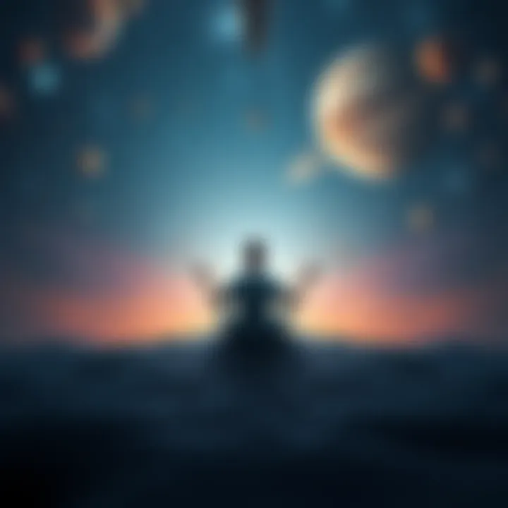 A person sits cross-legged in a vast cosmic space, surrounded by stars and planets, symbolizing the exploration of belief and alternate realities.