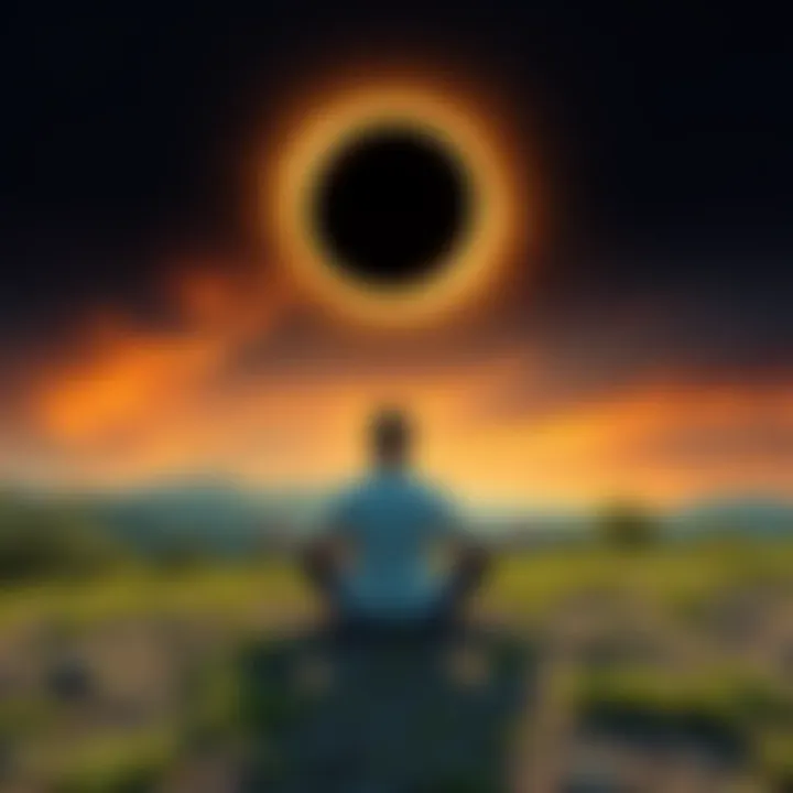 A person sitting cross-legged on the ground meditating, surrounded by nature, with a solar eclipse in the sky, representing heightened consciousness and spiritual awakening