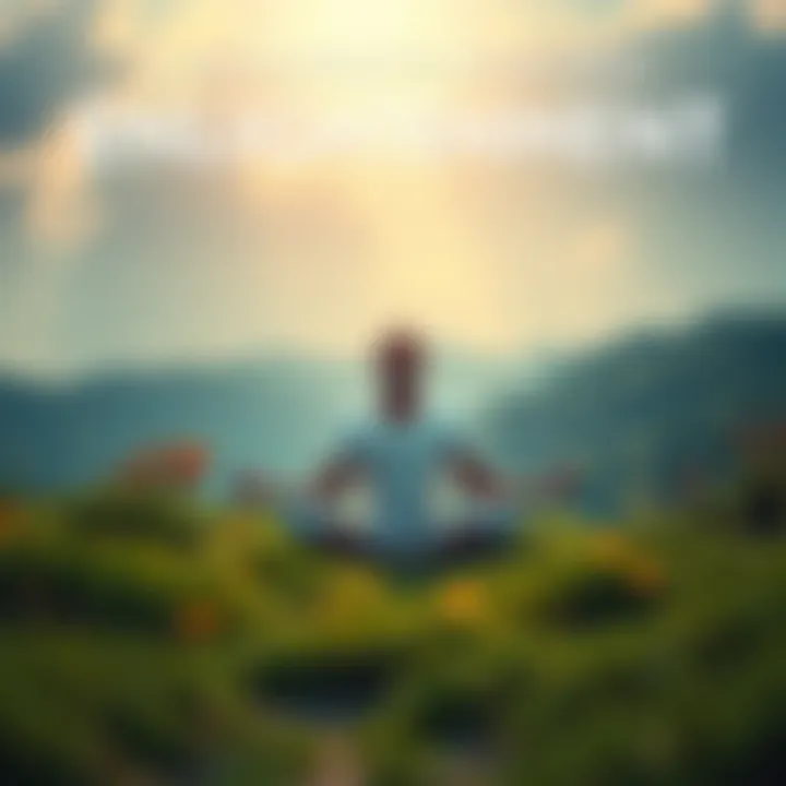 Meditating Figure A calm figure sits cross-legged in a serene setting, embodying peace and stillness while surrounded by nature.