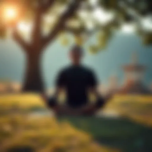 A person sitting cross-legged in a peaceful outdoor setting, practicing Vipassana meditation under a tree