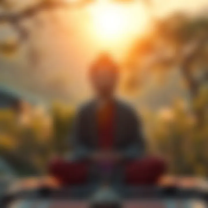 A peaceful person meditating in a serene environment, surrounded by nature, reflecting on Buddhist teachings.