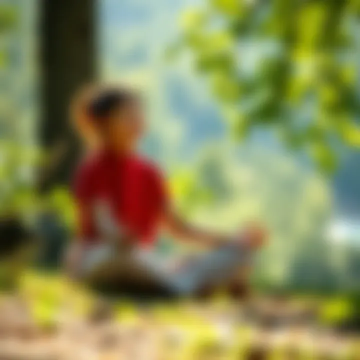 A person sitting cross-legged in a serene natural setting, practicing mindfulness and meditation with a peaceful expression.