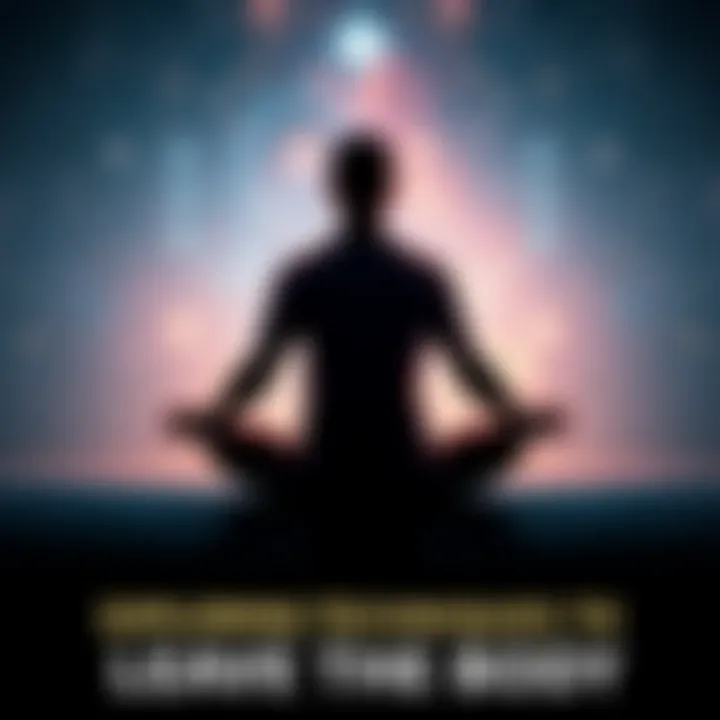 Person Meditating in a Celestial Setting A figure sitting cross-legged in a tranquil space filled with stars and light, symbolizing the concept of leaving the physical body through meditation.