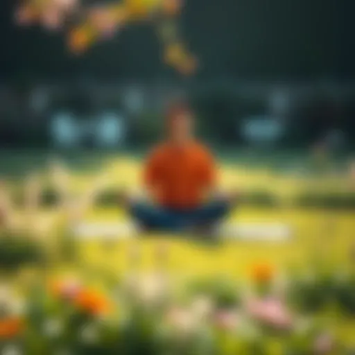 A person sitting cross-legged on a mat in a serene garden, surrounded by plants and flowers, reflecting on happiness and spiritual growth