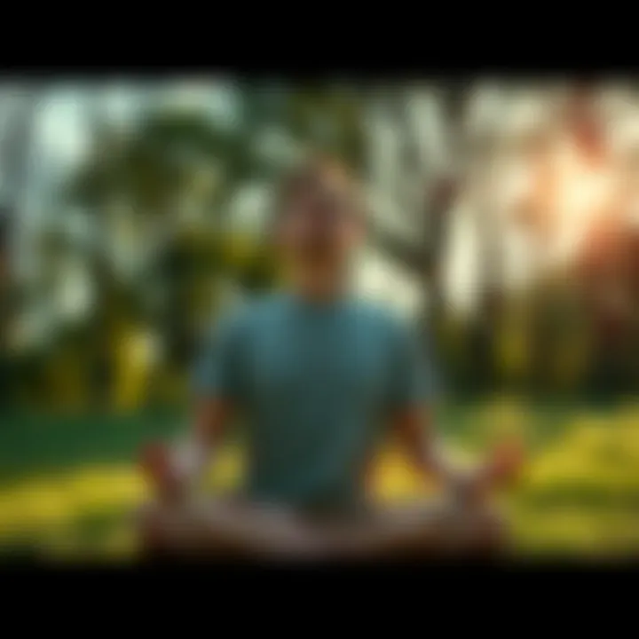 Person meditating in nature A calm individual meditating in a serene outdoor setting, surrounded by trees and sunlight, embodying peace and self-awareness.