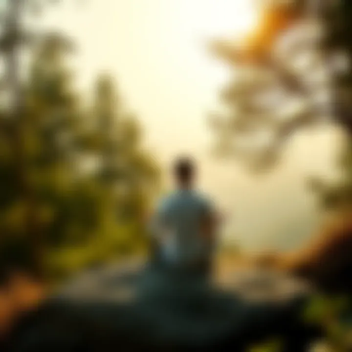 A person sitting cross-legged on a rock, meditating in a serene natural setting surrounded by trees and sunlight, symbolizing genuine self-reflection and inner peace.